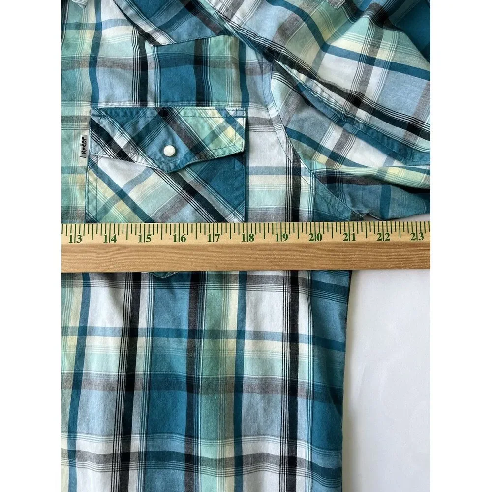 Levis Western Blue Green Plaid Pearl Snap Button Front Shirt Mens‎ M